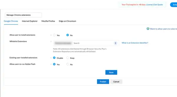 Configuración para desactivar extensiones de Chrome. Permite o deniega la instalación y gestiona las extensiones existentes.