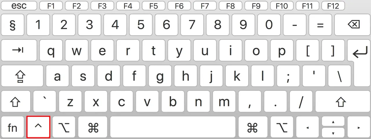 Teclado Mac: para hacer clic derecho en Mac, mantén presionada la tecla Control y haz clic. La imagen muestra el teclado con la tecla Control resaltada.