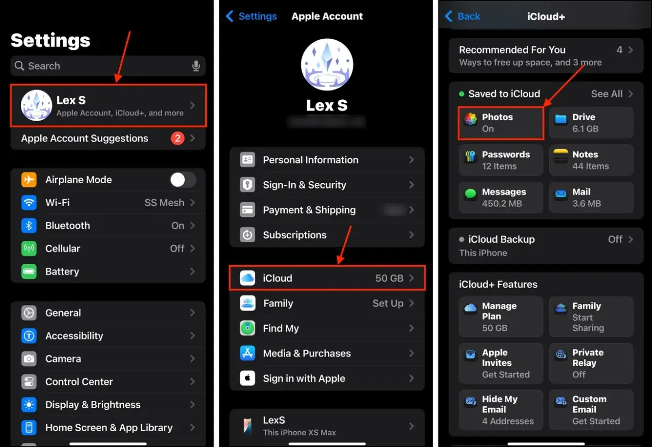 Captura de pantalla de iPhone mostrando cómo limpiar iPhone de archivos basura, navegando por Ajustes, Cuenta Apple, iCloud y opciones de almacenamiento.
