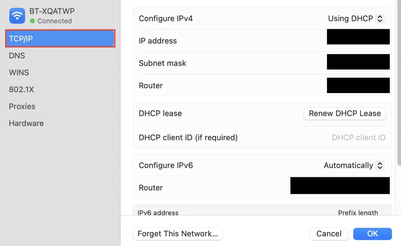 Configuración TCP/IP en Mac, mostrando detalles de IP, máscara de subred y router.