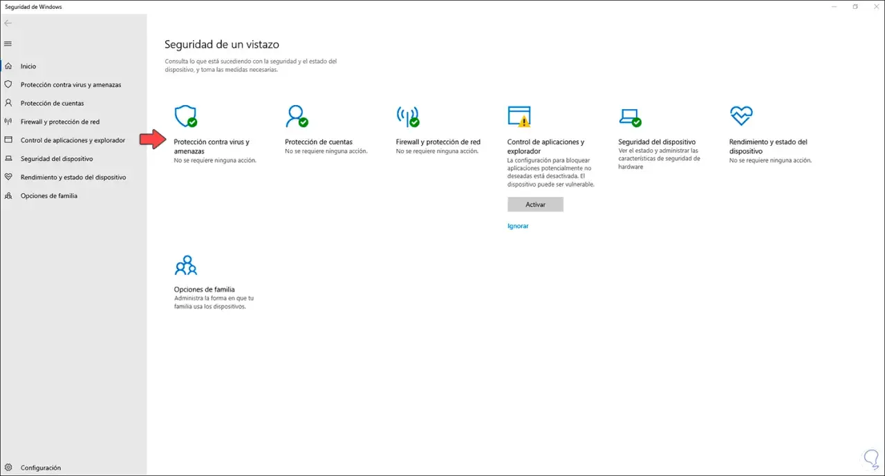 Pantalla de Seguridad de Windows. Se muestra la opción "Protección contra virus y amenazas" y la necesidad de atualizar antivirus.