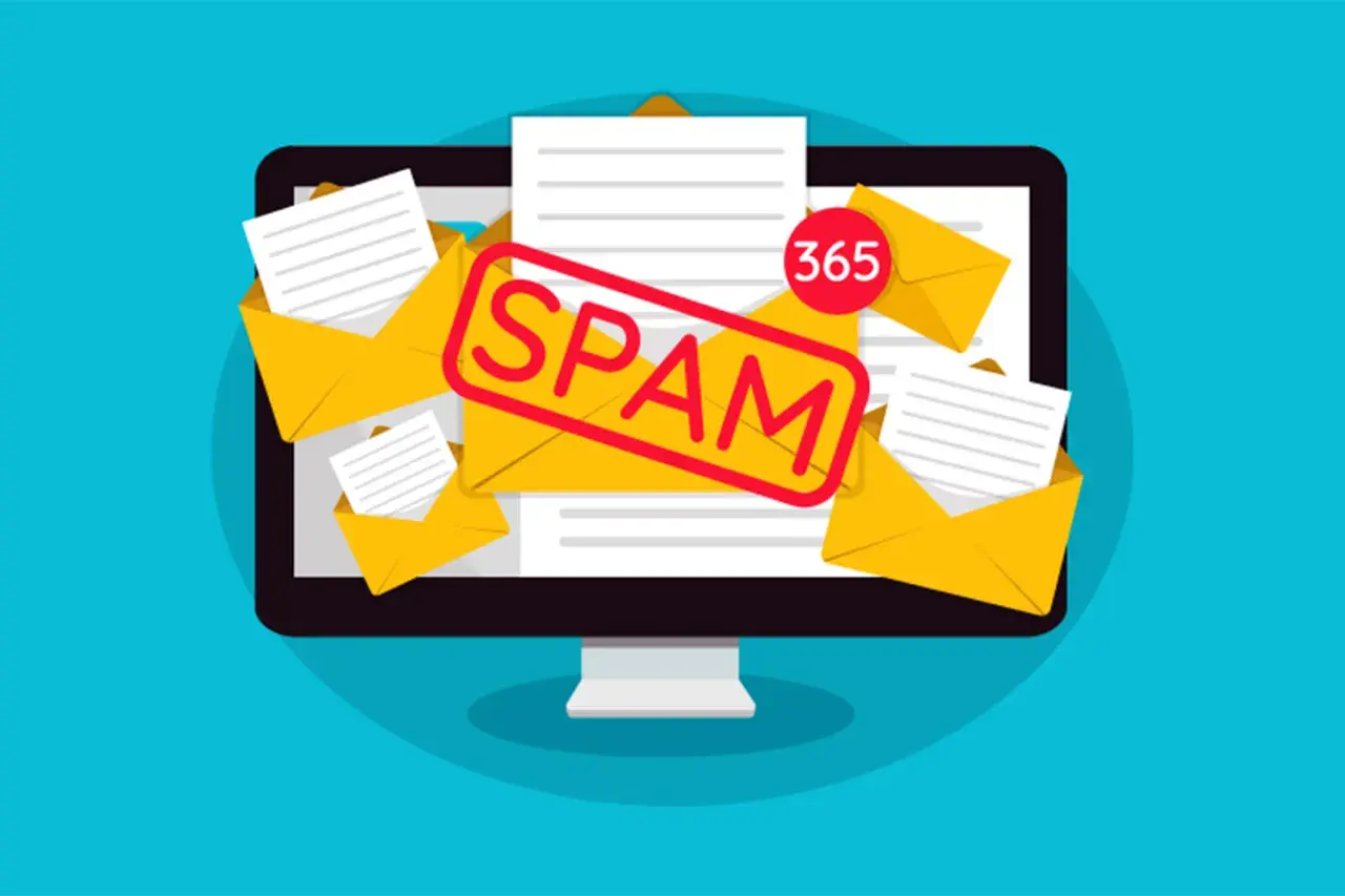 Un ordenador desbordado de sobres amarillos y papeles, con un sello rojo que dice "SPAM". El **spamear significado** es claro: recibir correos no deseados.