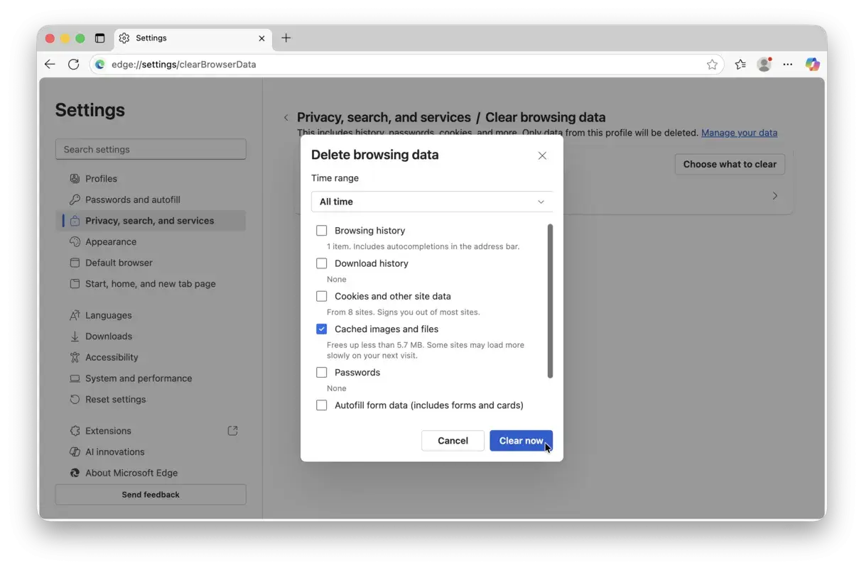 Ventana de configuración de Microsoft Edge para borrar datos de navegación. Se muestra la opción "Borrar ahora" para eliminar la caché, lo que significa borrar cache.