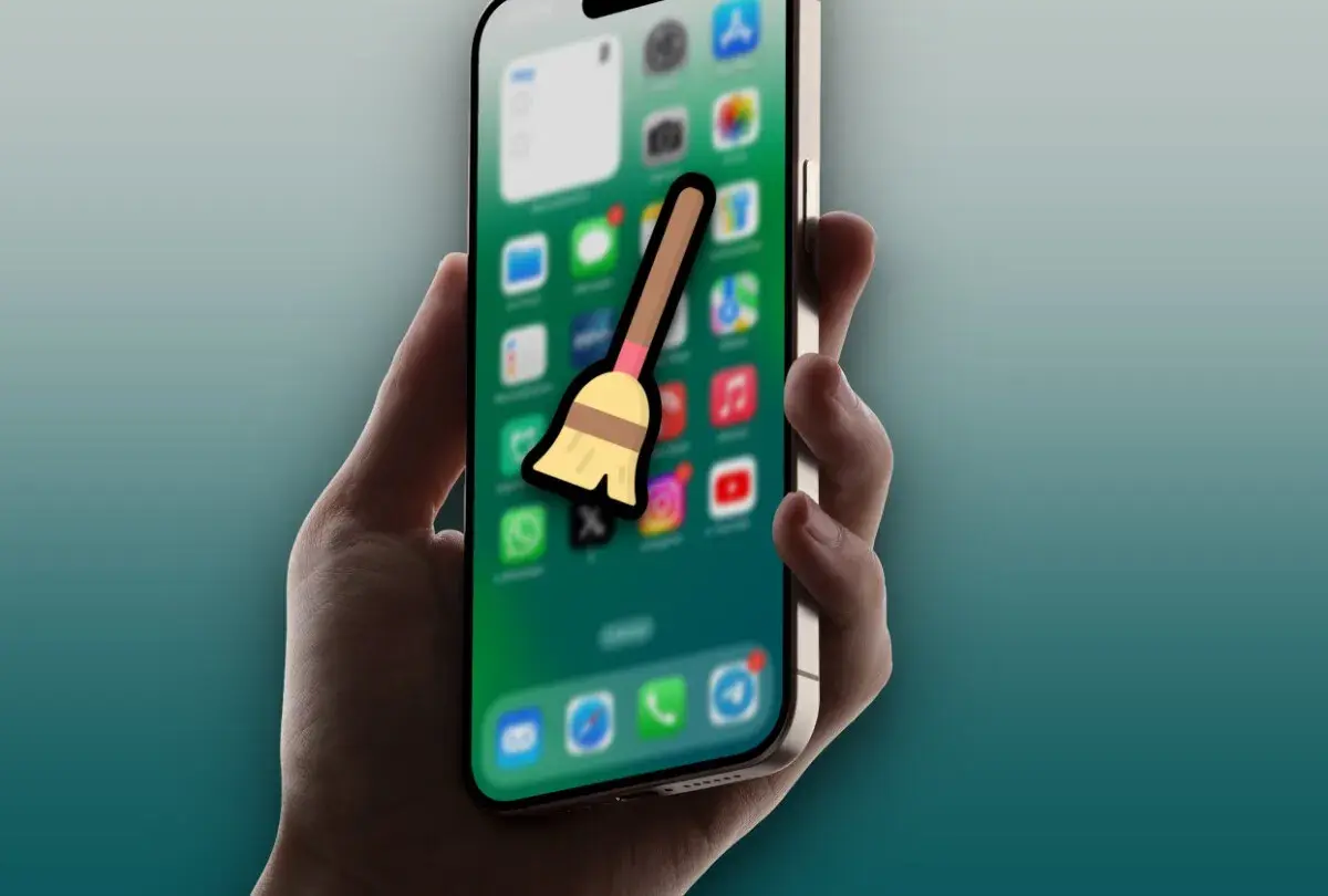 Mano sujetando un iPhone con iconos de apps y una escoba, sugiriendo la acción de borrar caché del iPad.