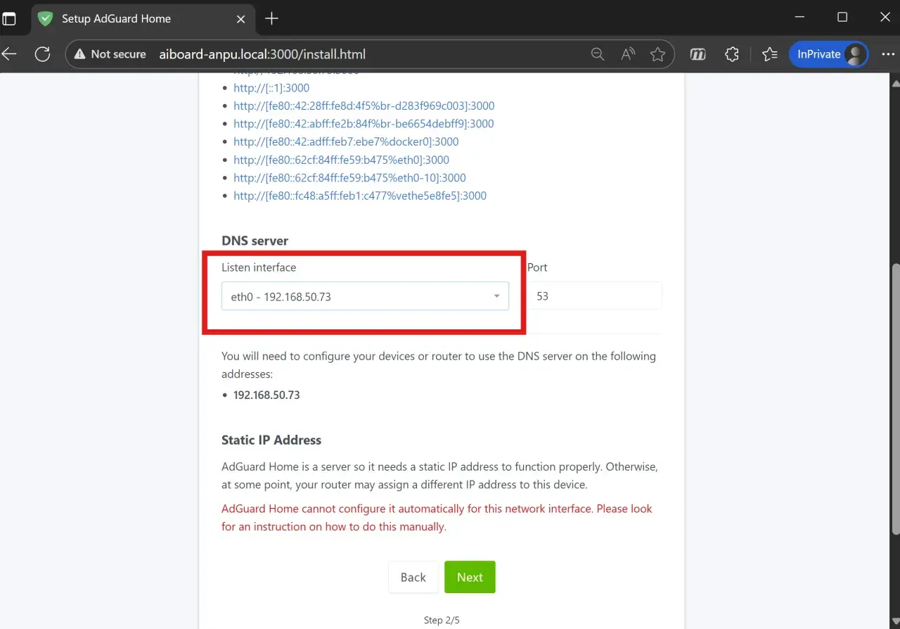 Configuración de AdGuard Home: interfaz de escucha eth0 con IP 192.168.50.73.