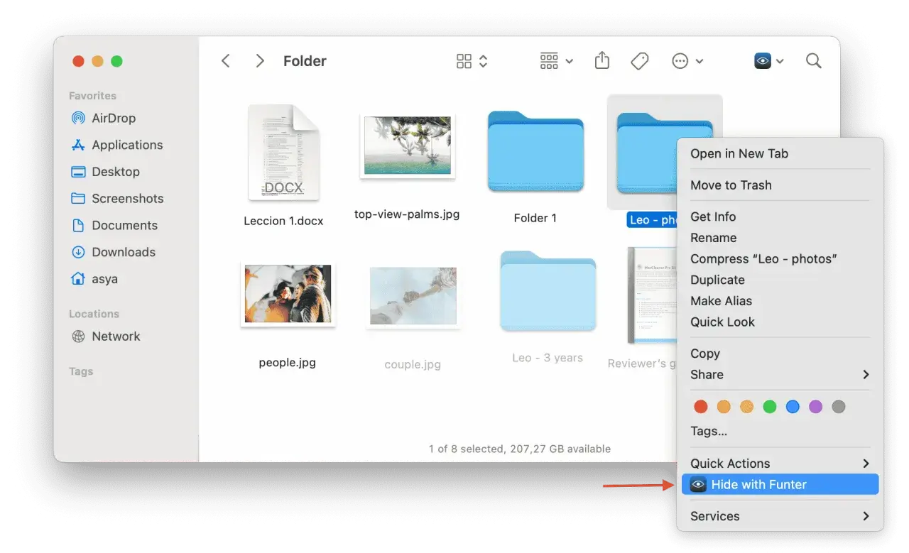 Opción "Hide with Funter" para ver archivos ocultos en Mac.