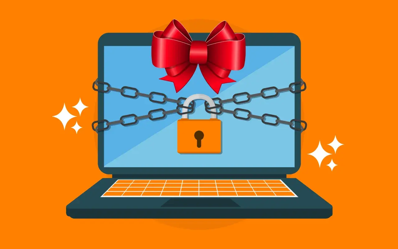Un portátil con cadenas y un candado, adornado con un lazo rojo, simboliza la seguridad de Windows.