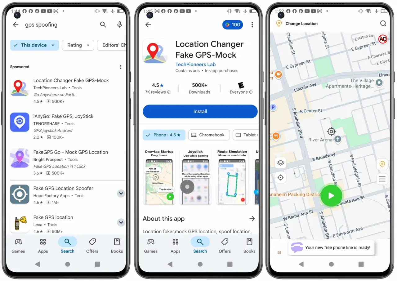 Busca apps para cambiar ubicación iPhone. Muestra la tienda de aplicaciones con resultados de búsqueda de "gps spoofing" y la página de una app para falsificar la ubicación.