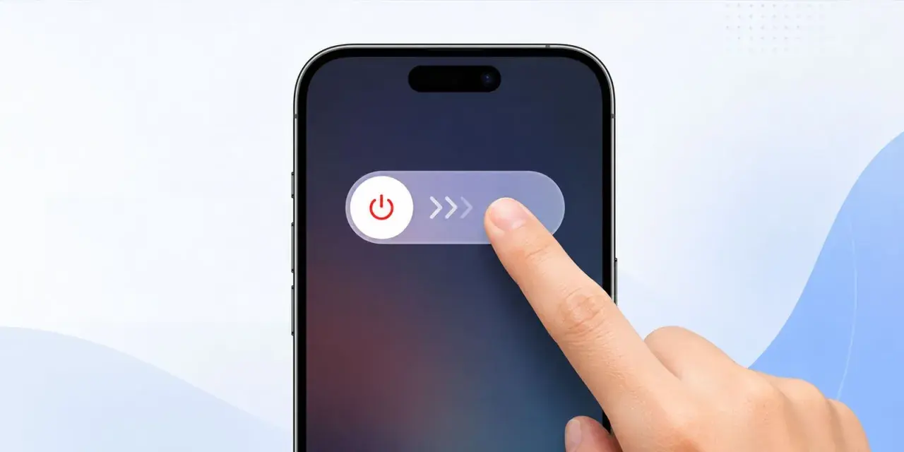 Dedo deslizando el botón de apagado en un iPhone. Aprende como quitar botón flotante iPhone para apagarlo.