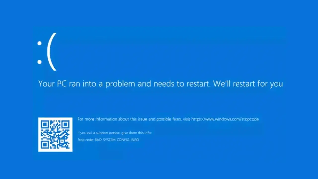 Pantalla azul de Windows con un :( y mensaje "Your PC ran into a problem and needs to restart". Indica la necesidad de reiniciar Windows.