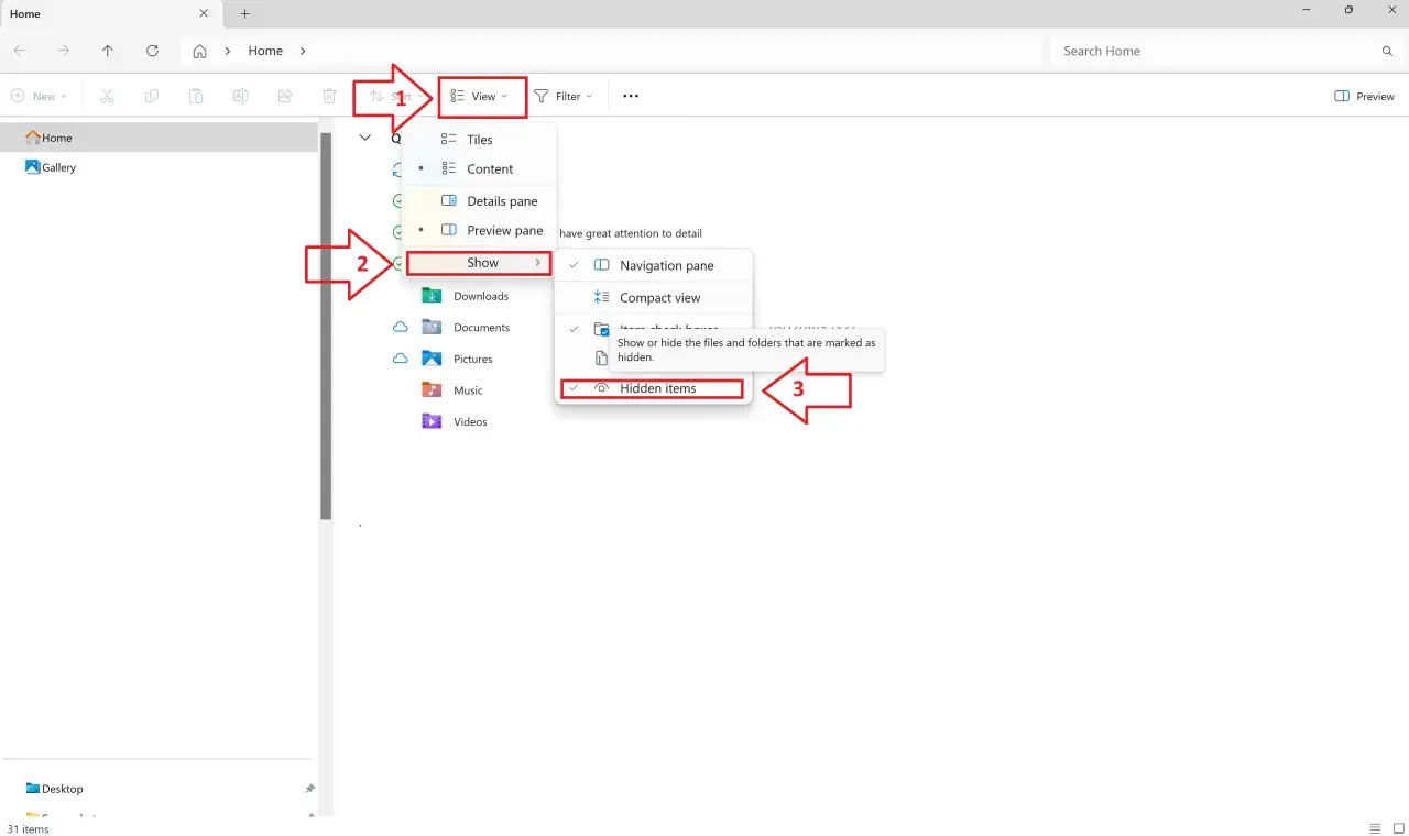 Para ver carpetas ocultas en Windows 11, ve a "Ver", luego a "Mostrar" y selecciona "Elementos ocultos".
