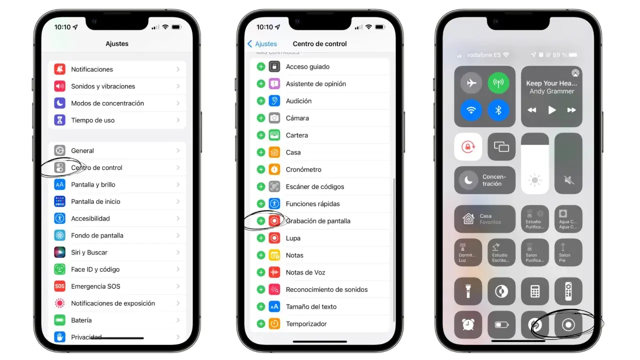 Captura de pantalla de un iPhone mostrando cómo activar la grabación de pantalla en el Centro de control.