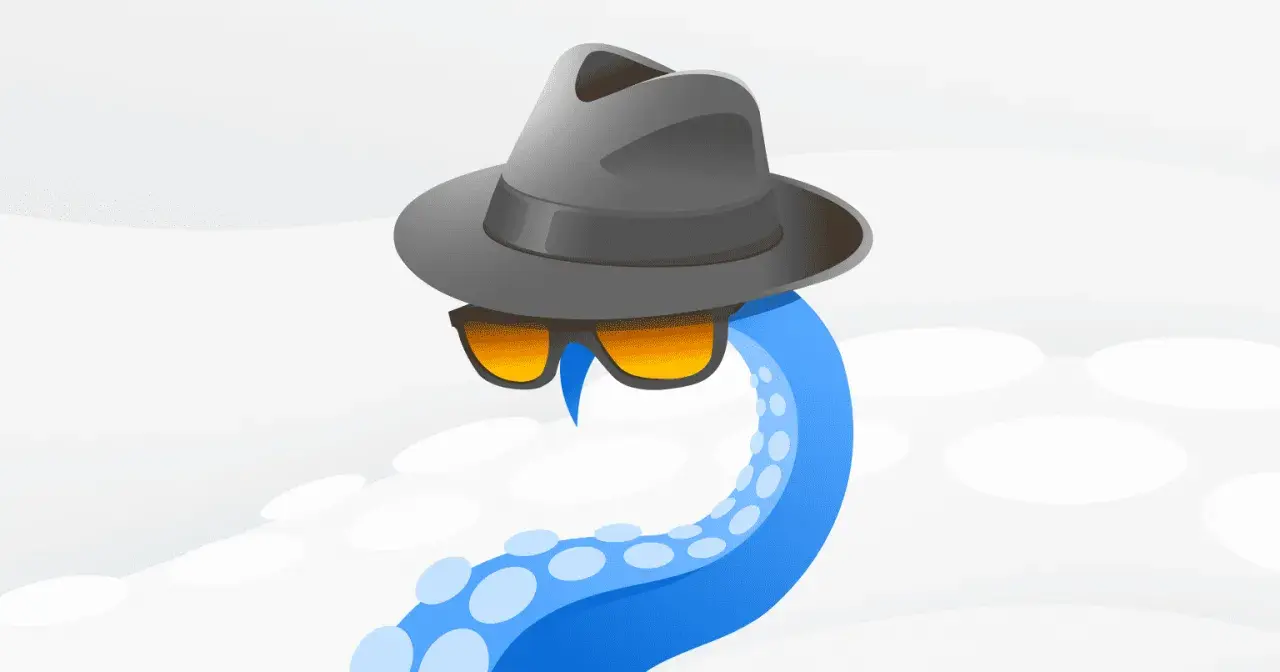 Tentáculo azul con sombrero y gafas de sol, listo para la navegación anónima.