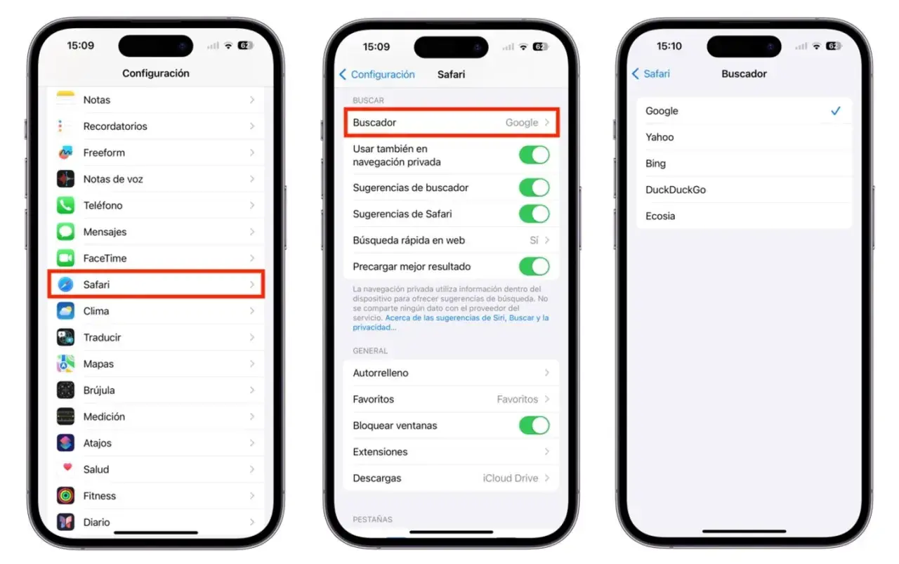 Configuración de Safari en iPhone. Se muestra cómo cambiar el buscador predeterminado, con Google seleccionado.