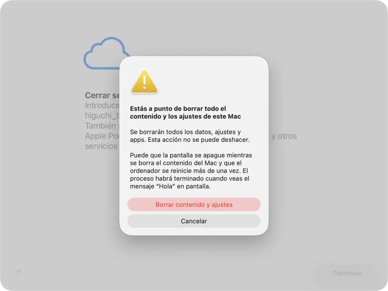 Ventana emergente advierte sobre borrar todo el contenido y ajustes de este Mac. Opción para borrar o cancelar.