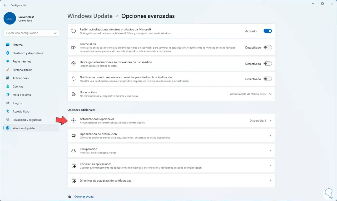 Actualizaciones opcionales en Windows 11, donde puedes encontrar actualizaciones de controladores.