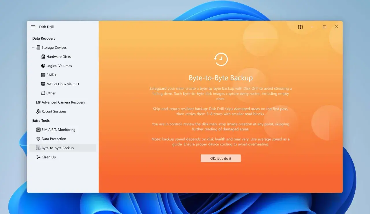 La aplicación Disk Drill muestra la opción "Byte-to-Byte Backup", ideal para restaurar sistema si está restaurando el registro o para crear copias de seguridad completas.