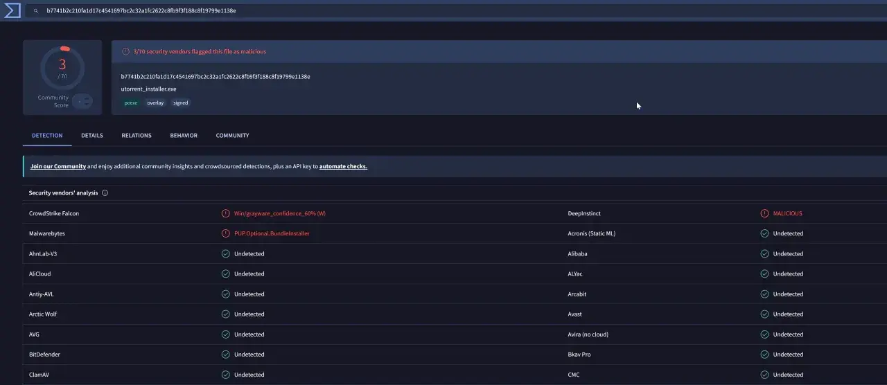 Análisis de seguridad de un archivo pua win32, `utorrent_installer.exe`, marcado como malicioso por 3 de 70 proveedores.