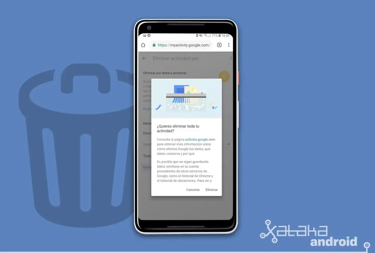 Pantalla de móvil mostrando cómo eliminar búsquedas en Google. Aparece un cuadro de diálogo preguntando "¿Quieres eliminar toda tu actividad?".