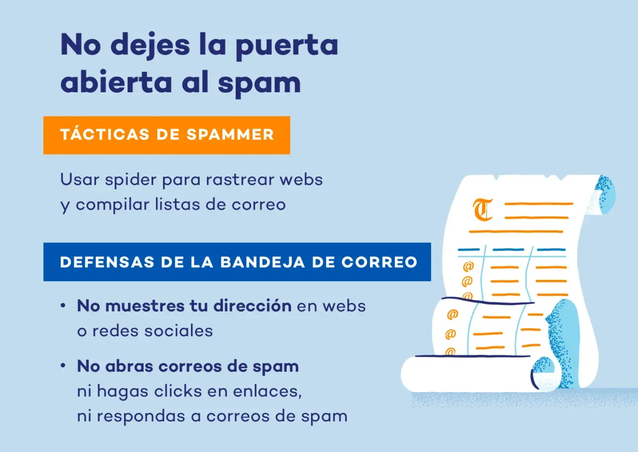 No dejes la puerta abierta al spam. Tácticas de spammer: usar spider para rastrear webs. Defensas: no muestres tu dirección, no abras correos de spam.