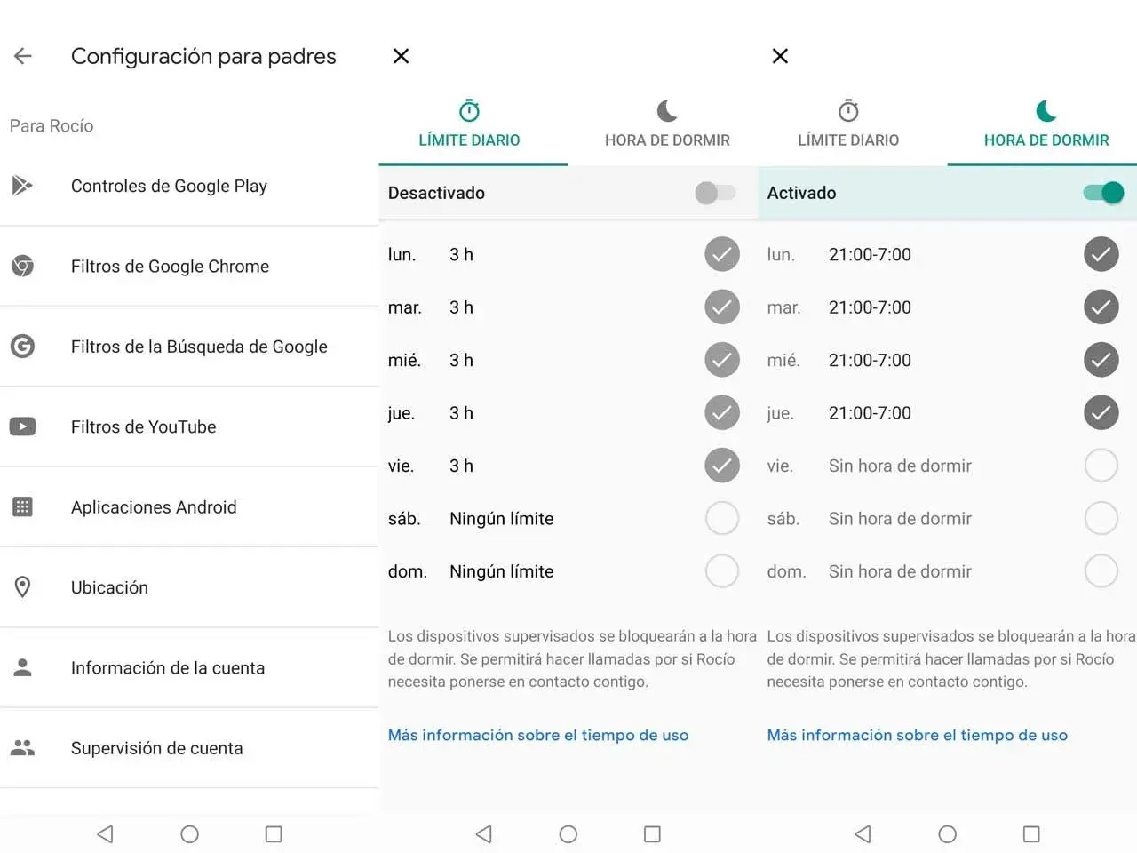 Configuración de HORA DE DORMIR para Rocío, activada de 21:00 a 7:00 de lunes a jueves. Código acceso parental Family Link.