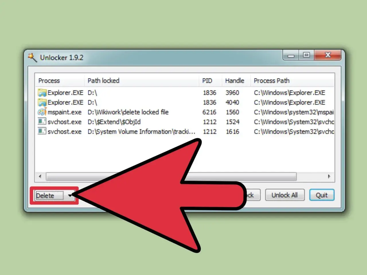 Interfaz de Unlocker 1.9.2 mostrando cómo eliminar un archivo que no se deja, con un botón "Delete" resaltado.