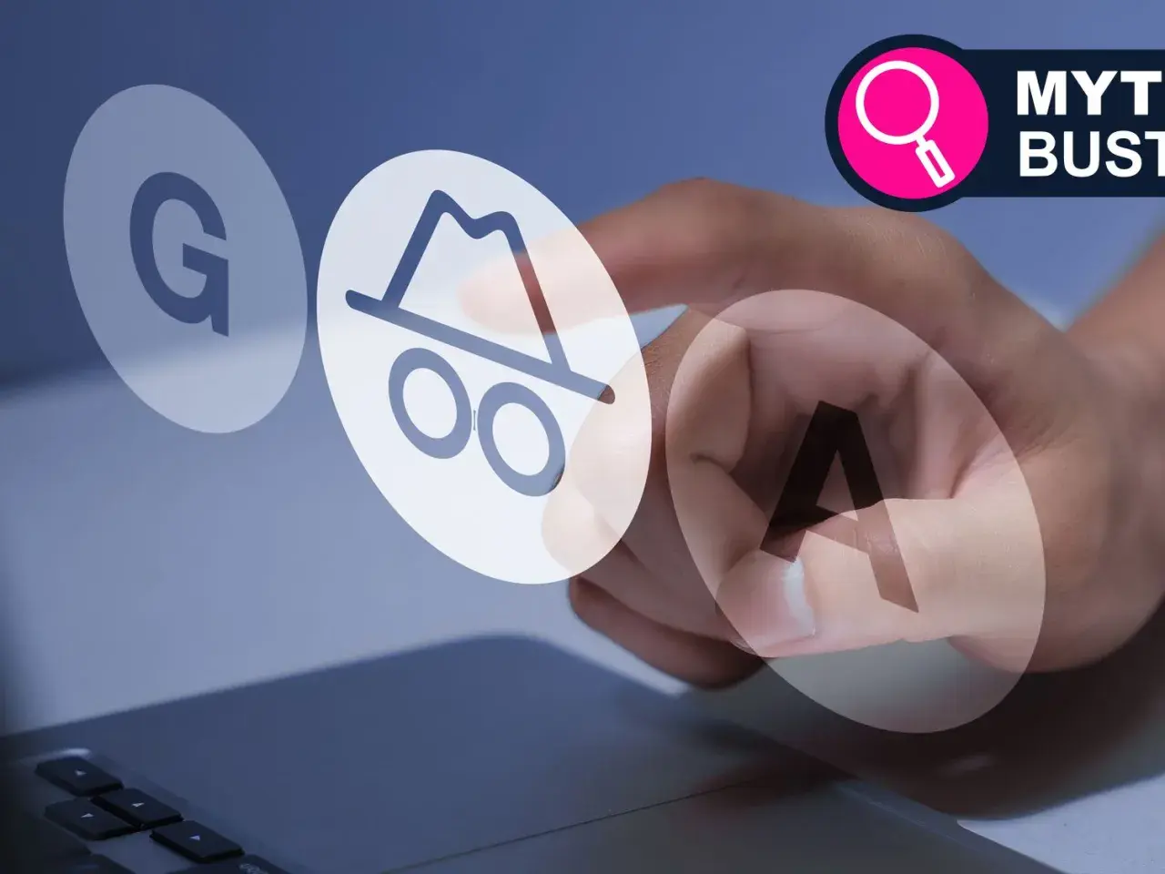 Mano interactúa con burbujas que forman "G", el icono del modo incógnito y "A". ¿Qué es el modo incógnito?