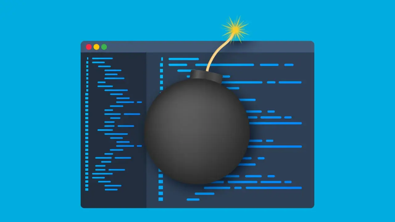Una bomba negra con mecha encendida sobre un código de programación, simbolizando las bombas lógicas en el desarrollo de software.