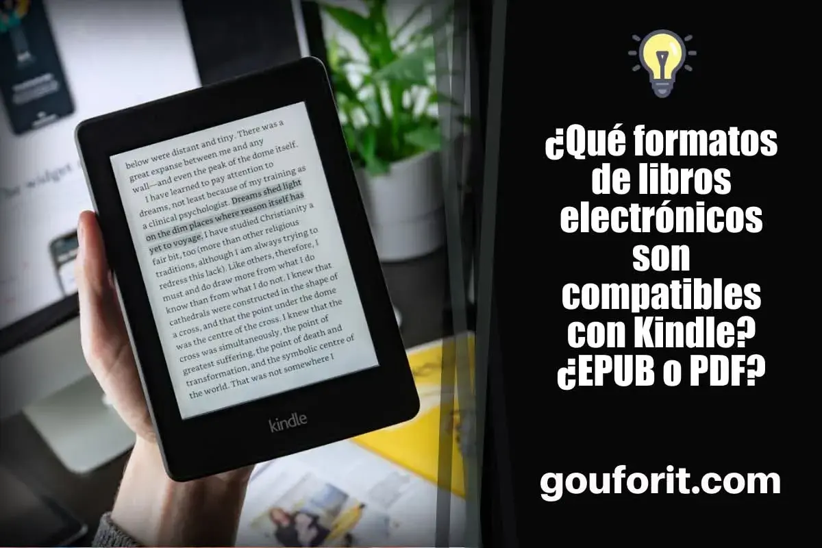 Mano sosteniendo un dispositivo **formato Kindle** con texto. Pregunta: "¿Qué formatos de libros electrónicos son compatibles con Kindle? ¿EPUB o PDF?".