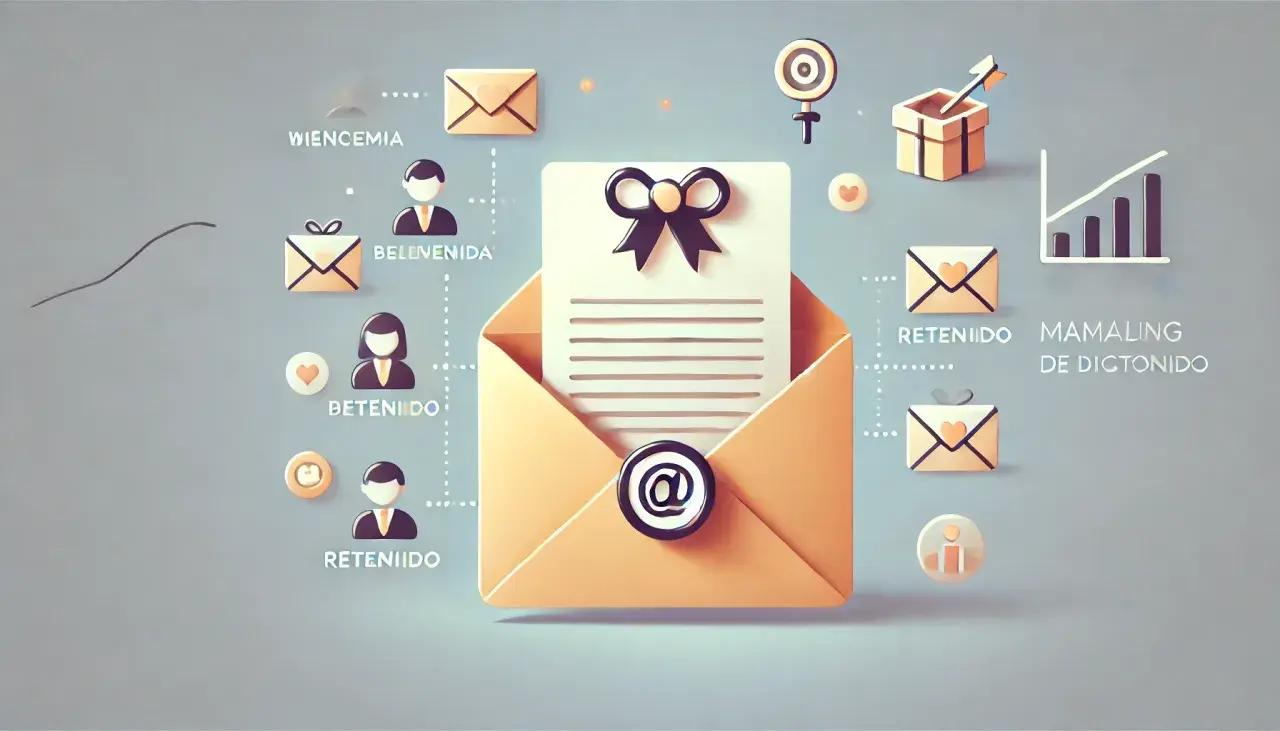 Un sobre abierto con un documento y un lazo negro. Iconos de correos y personas sugieren un flujo de comunicación, quizás un correo importante.
