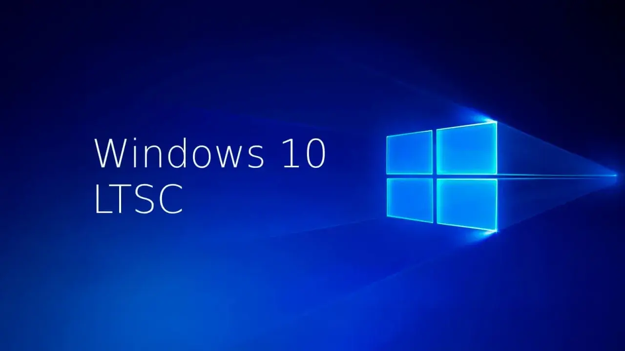 Logo de Windows 10 LTSC sobre fondo azul brillante.