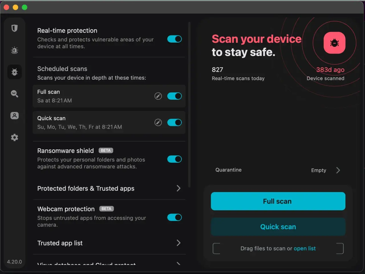 Interfaz de antivirus con opciones de escaneo y protección contra ransomware. Escanea tu dispositivo para evitar el pup virus.