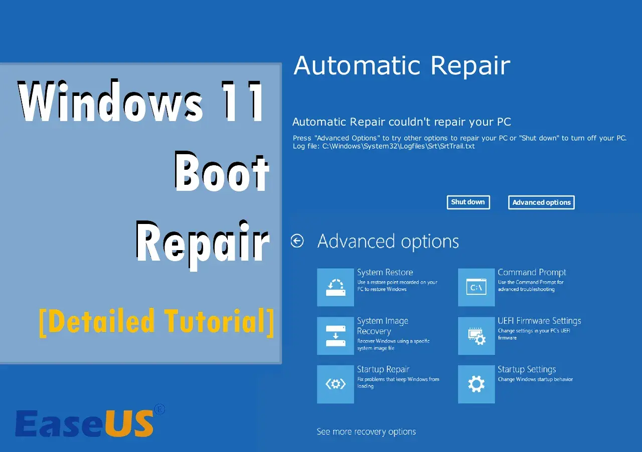 Pantalla de Reparación Automática de Windows 11. Opciones avanzadas para solucionar problemas de arranque, incluyendo la configuración de secure boot.