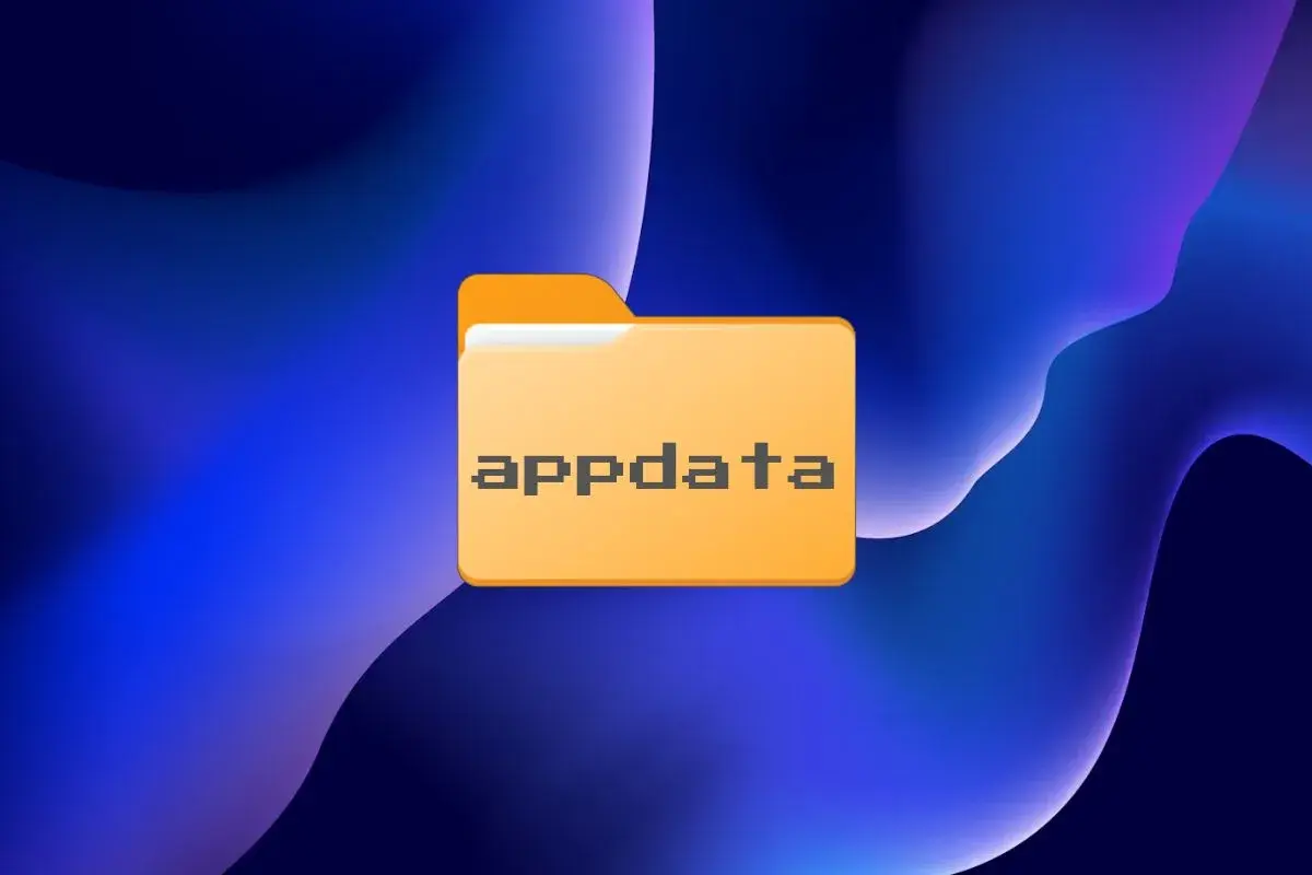 Carpeta naranja con el texto "appdata" en píxeles, sobre un fondo azul abstracto. Ideal para ilustrar la tarea de limpiar appdata.