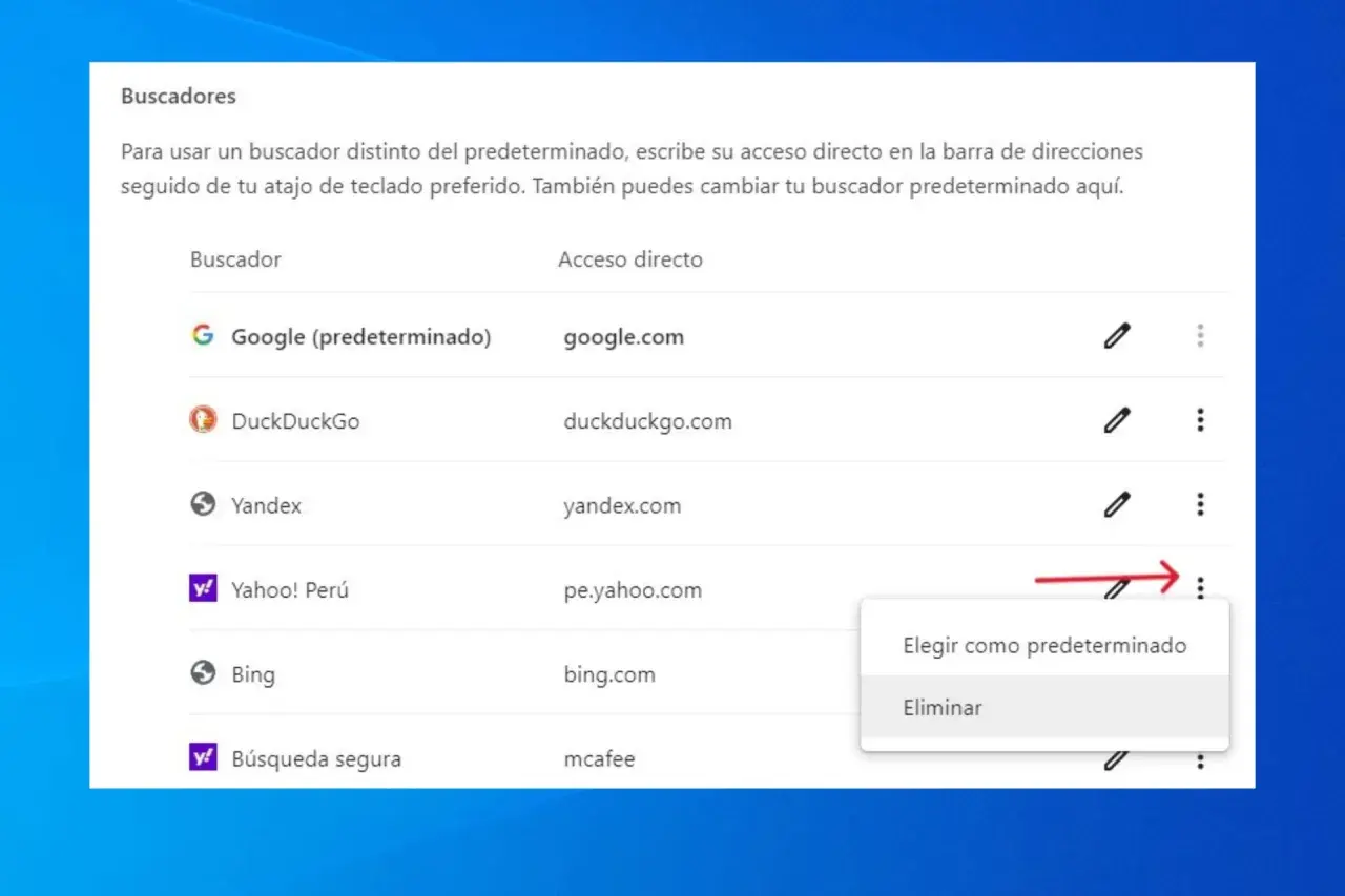 Cómo quitar Yahoo del buscador: se muestra la opción "Eliminar" para desinstalar Yahoo de los buscadores predeterminados.