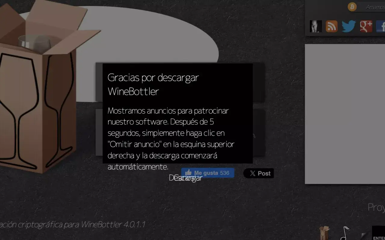 Ventana de WineBottler para descargar, útil para abrir archivos exe en Mac.