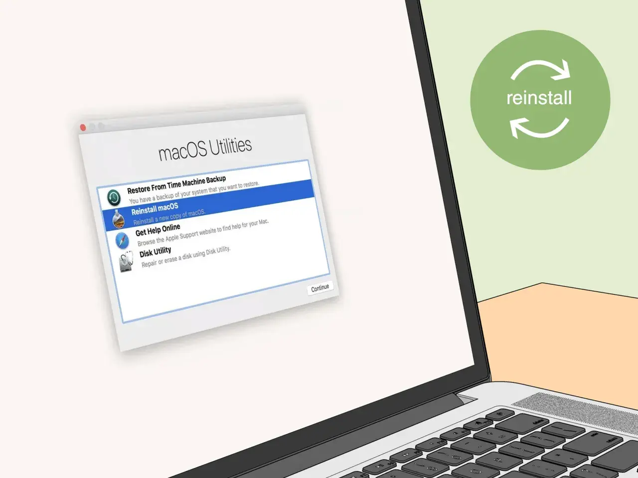 Ventana de Utilidades de macOS con opción "Reinstalar macOS" seleccionada. Una forma de como quitar un virus del ordenador es reinstalar el sistema.