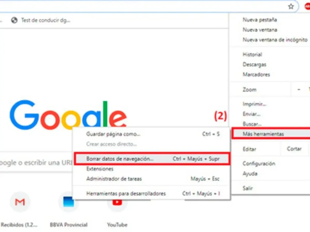 Menú de Chrome para limpiar historial y datos de navegación. Selecciona "Más herramientas" y luego "Borrar datos de navegación".