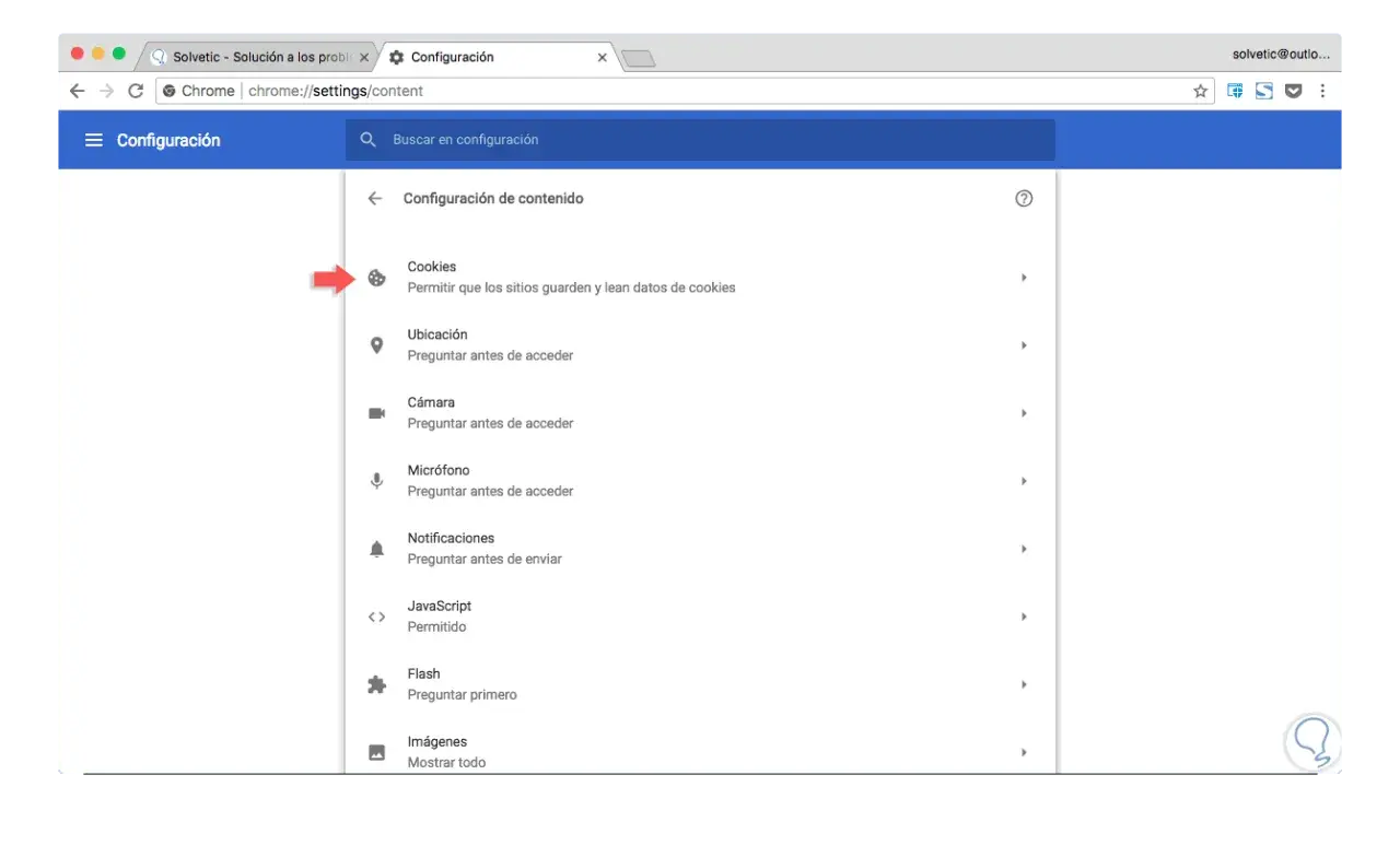 Configuración de Chrome: opción Cookies. Aprende cómo eliminar cookies y gestionar permisos.