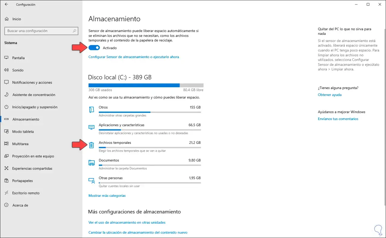 Configuración de Almacenamiento en Windows 10 para limpiar archivos temporales y liberar espacio.