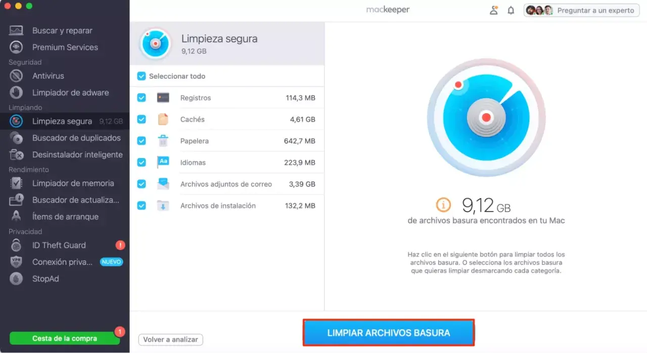 Interfaz de Mackeeper para limpiar caché de Safari y otros archivos basura. Muestra 9,12 GB de datos a eliminar.