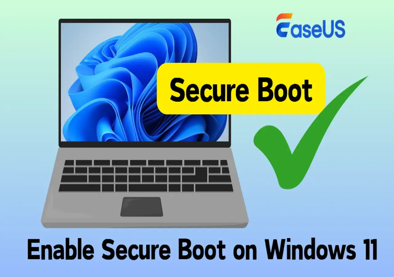 Laptop con pantalla de Windows 11, texto "Secure Boot" y un tick verde. Guía para activar arranque seguro Windows 11.