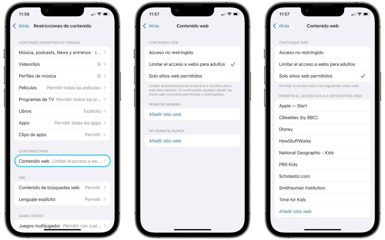 Configuración de control parental en iPhone para limitar contenido web, similar a control parental iPad desde Android.