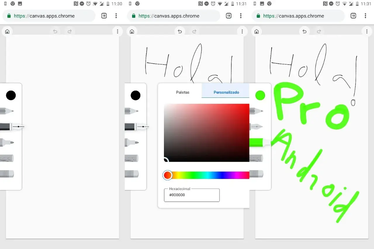 En el chrome canvas, se escribe "Hola" y "Pro Android" en verde brillante. Se muestra un selector de color.