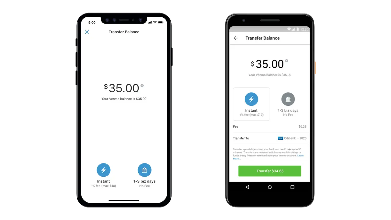 Dos pantallas de móvil muestran cómo transferir $35 de tu saldo Venmo. Una opción es instantánea con una comisión, la otra es gratis en 1-3 días.