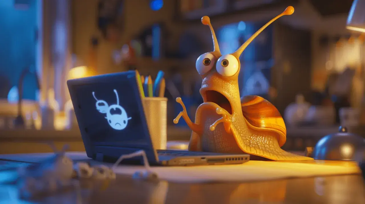 Caracol sorprendido ante su **pc lento**, con una cara de espanto y un mensaje de error en la pantalla.