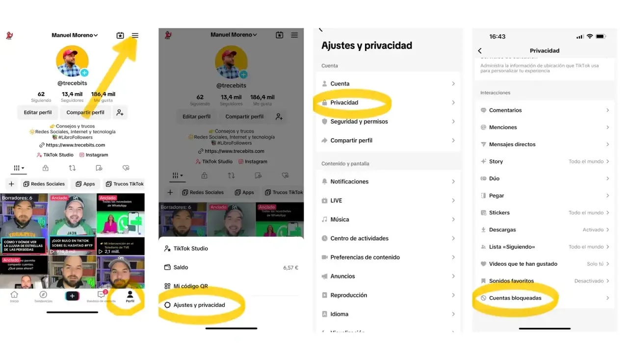 Pasos para saber como bloquear a alguien en TikTok: perfil, ajustes y privacidad, luego privacidad y finalmente cuentas bloqueadas.