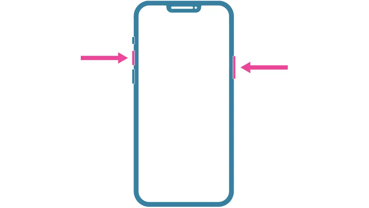 Flechas rosas indican cómo hacer captura de pantalla en iPhone 8: presiona el botón lateral y el botón de subir volumen simultáneamente.