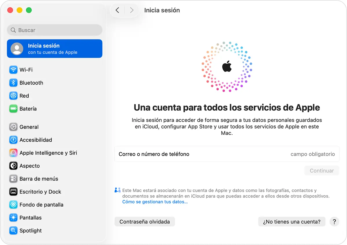 Pantalla de inicio de sesión de Apple. Permite crear ID Apple niño para acceder a iCloud y otros servicios.