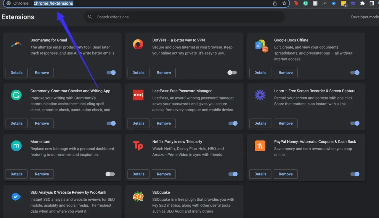 Página de extensiones de Chrome. Aprende como quitar una extensión de Chrome para gestionar tus complementos.